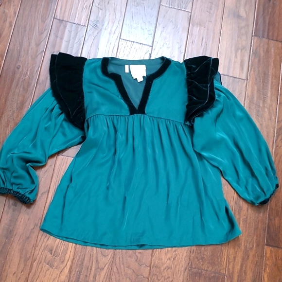 Emily McCarthy Green Blouse with Velvet Trim & Ruffled Sleeves size XL - Picture 1 of 8